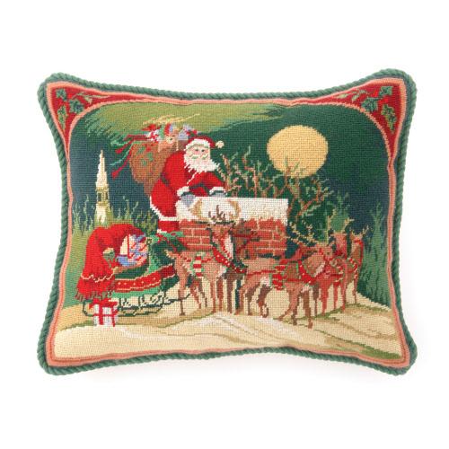 Santa Ride Reindeer Needlepoint Christmas Throw Pillow, 16x20 inch, front view