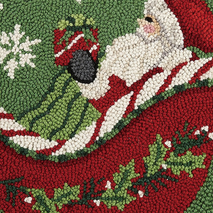 Santa Sleigh Hooked Wool Christmas Throw Pillow, close-up detail