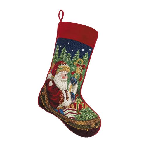 Santa Sleigh Wool Needlepoint Christmas Stocking, 11x18 inch, front view