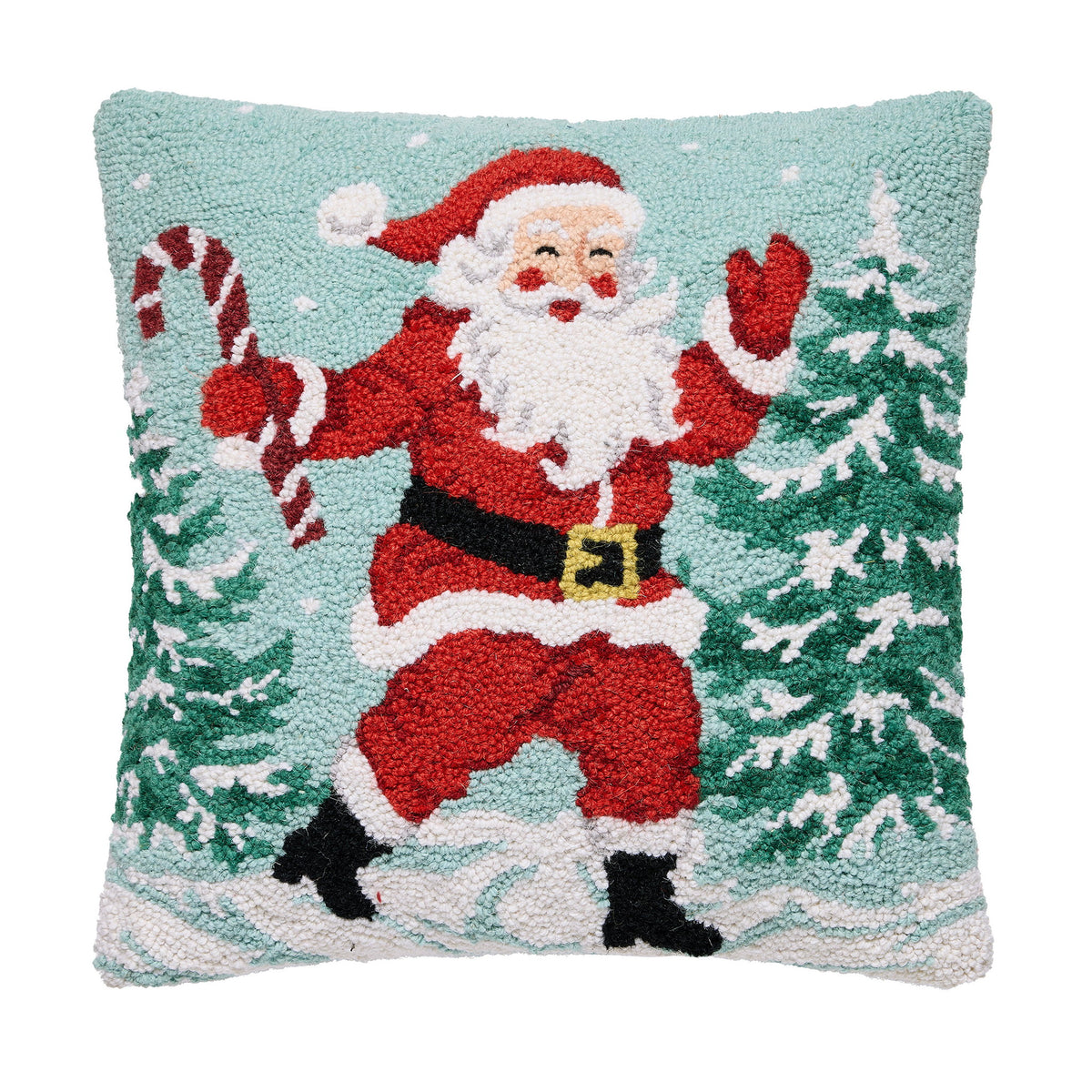 Santa with Candy Cane Hooked Wool Christmas Throw Pillow, 18x18 inch, front view