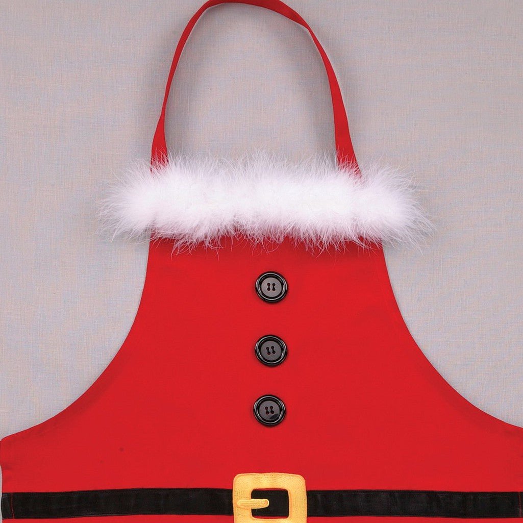 Closeup of Santa with Fur Christmas Apron showing print and fabric detail