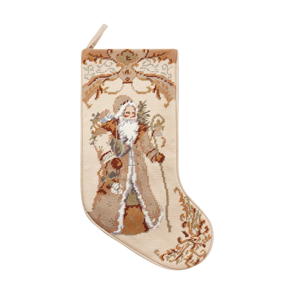 Santa with Gift Embroidered Needlepoint Christmas Stocking, 11x18 inch, front view