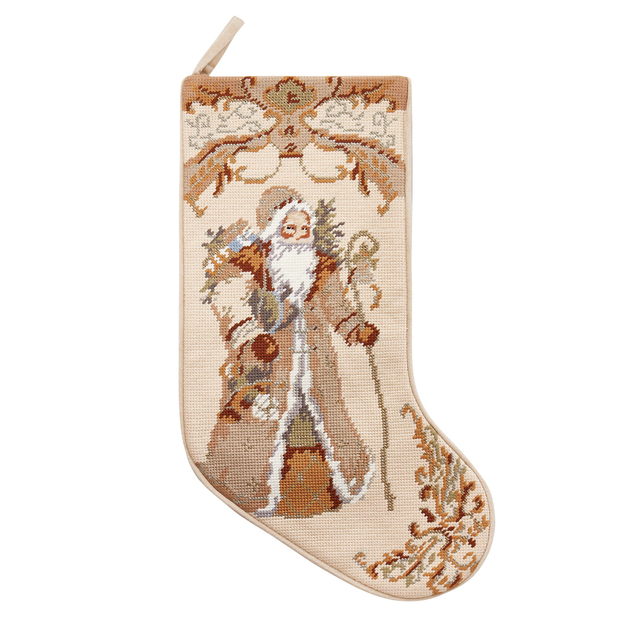 Santa with Gift Embroidered Needlepoint Christmas Stocking, 11x18 inch, front view