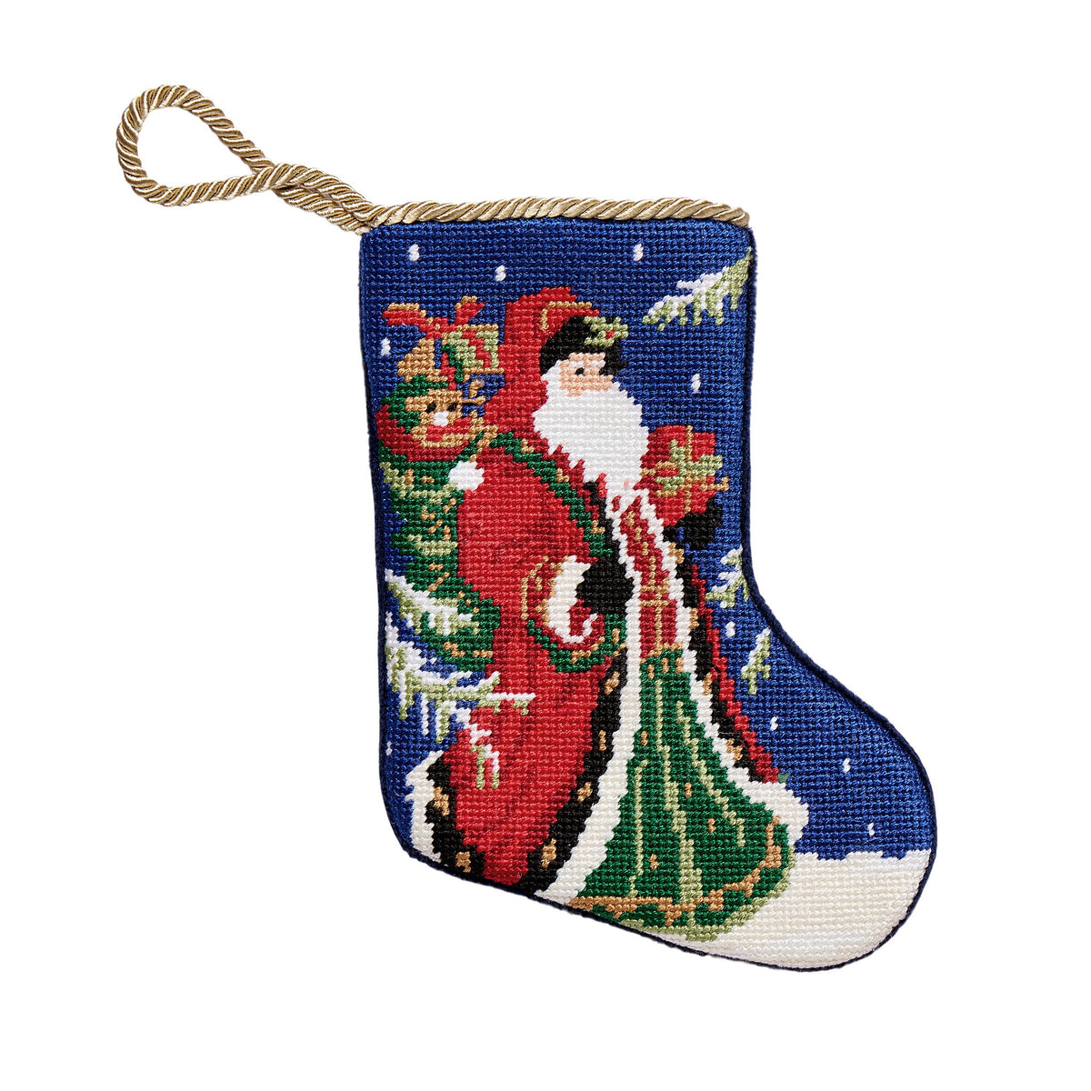 Santa with Gift Mini Embroidered Needlepoint Christmas Stocking, 6x4 inch, front view