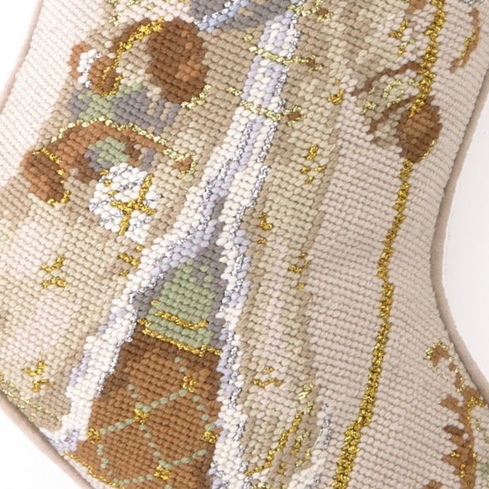 Closeup of Santa with Gifts Wool Needlepoint Christmas Stocking showing stitch texture and craftsmanship detail