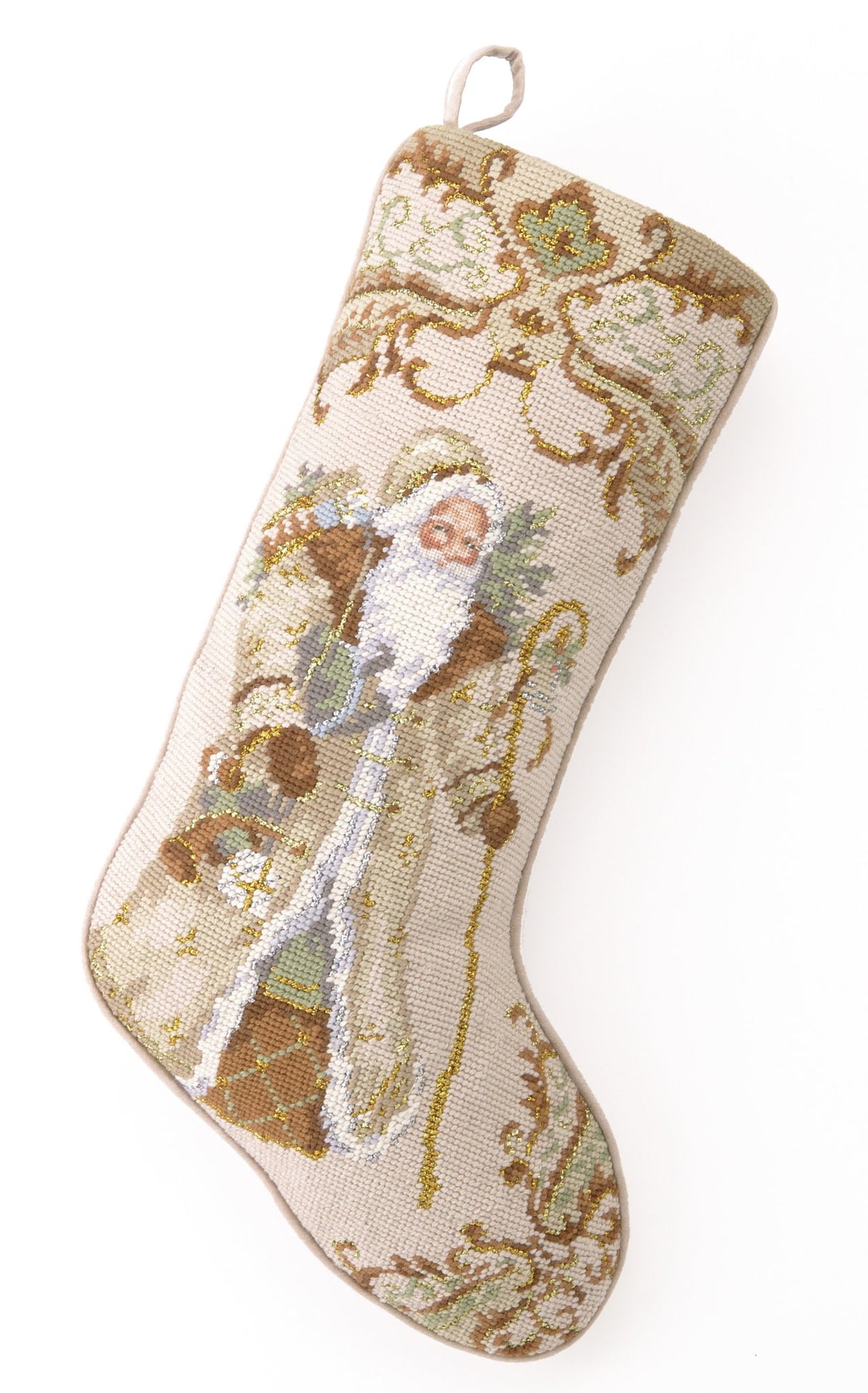 Santa with Gifts Wool Needlepoint Christmas Stocking, 11x18 inch, front view