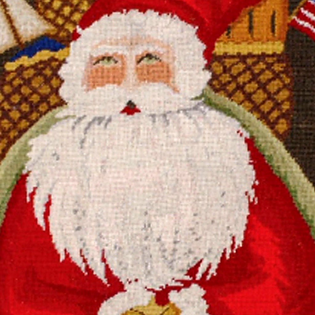 Hand-stitched wool detail of Santa with Gifts Wool Needlepoint Holiday needlepoint pillow showing intricate weave pattern and texture