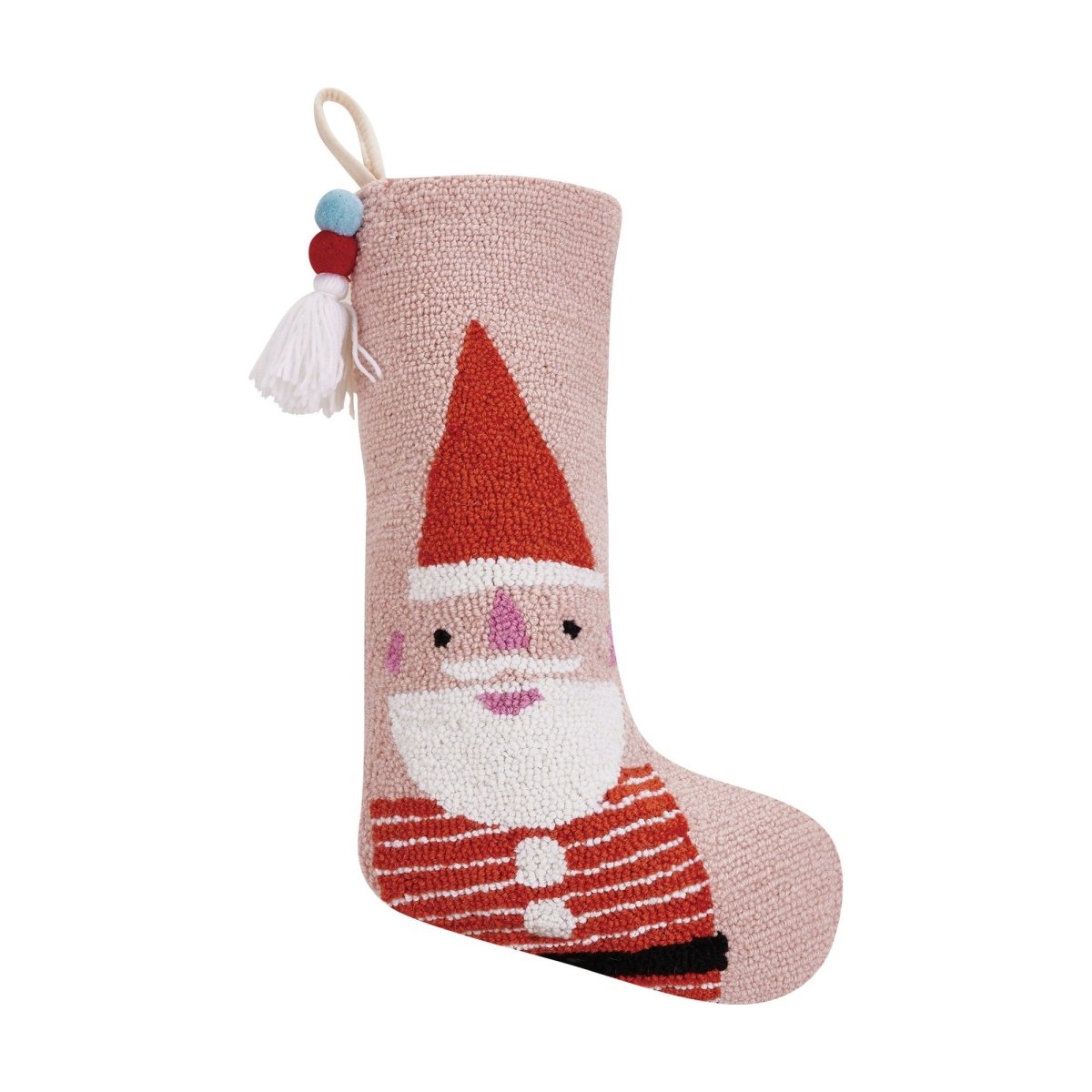 Santa with Pom Pom Tassel Hooked Wool Christmas Stocking, 12x20 inch, front view