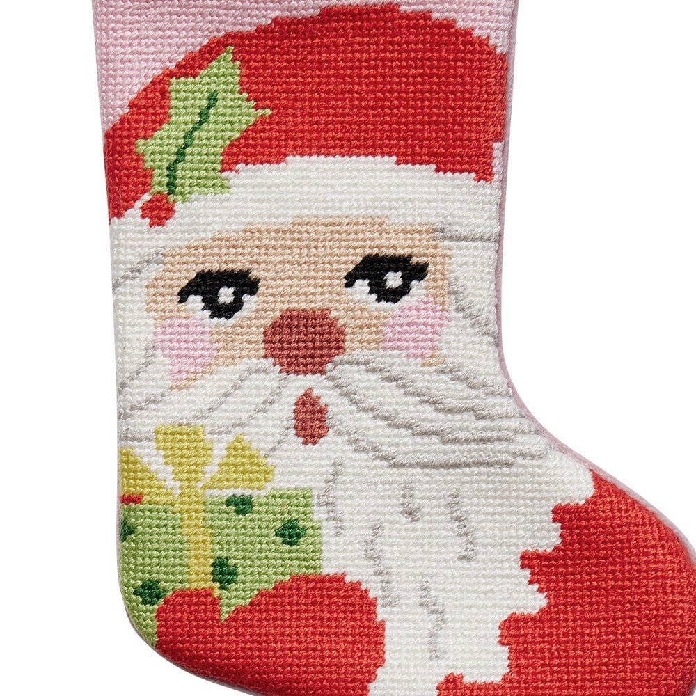 Santa with Present Mini Embroidered Needlepoint Christmas Stocking, close-up detail