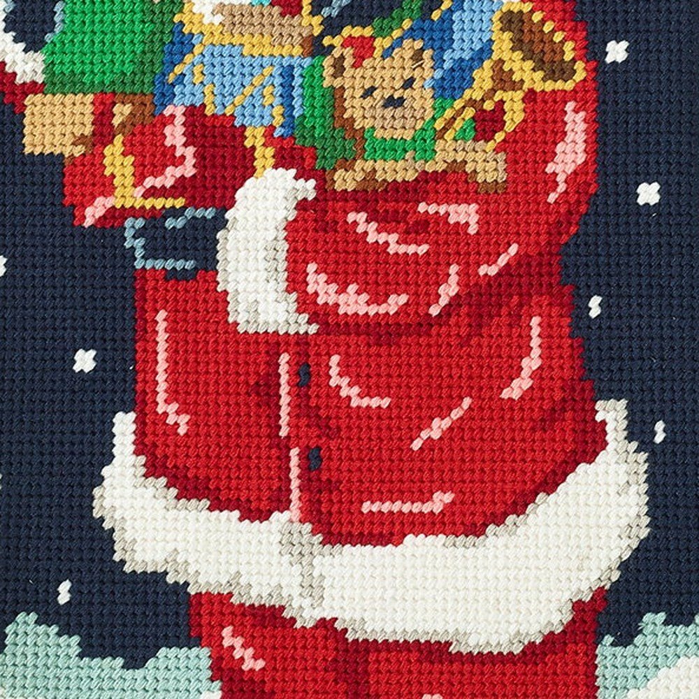 Closeup of Santa with Toys Embroidered Needlepoint Christmas Stocking showing stitch texture and craftsmanship detail