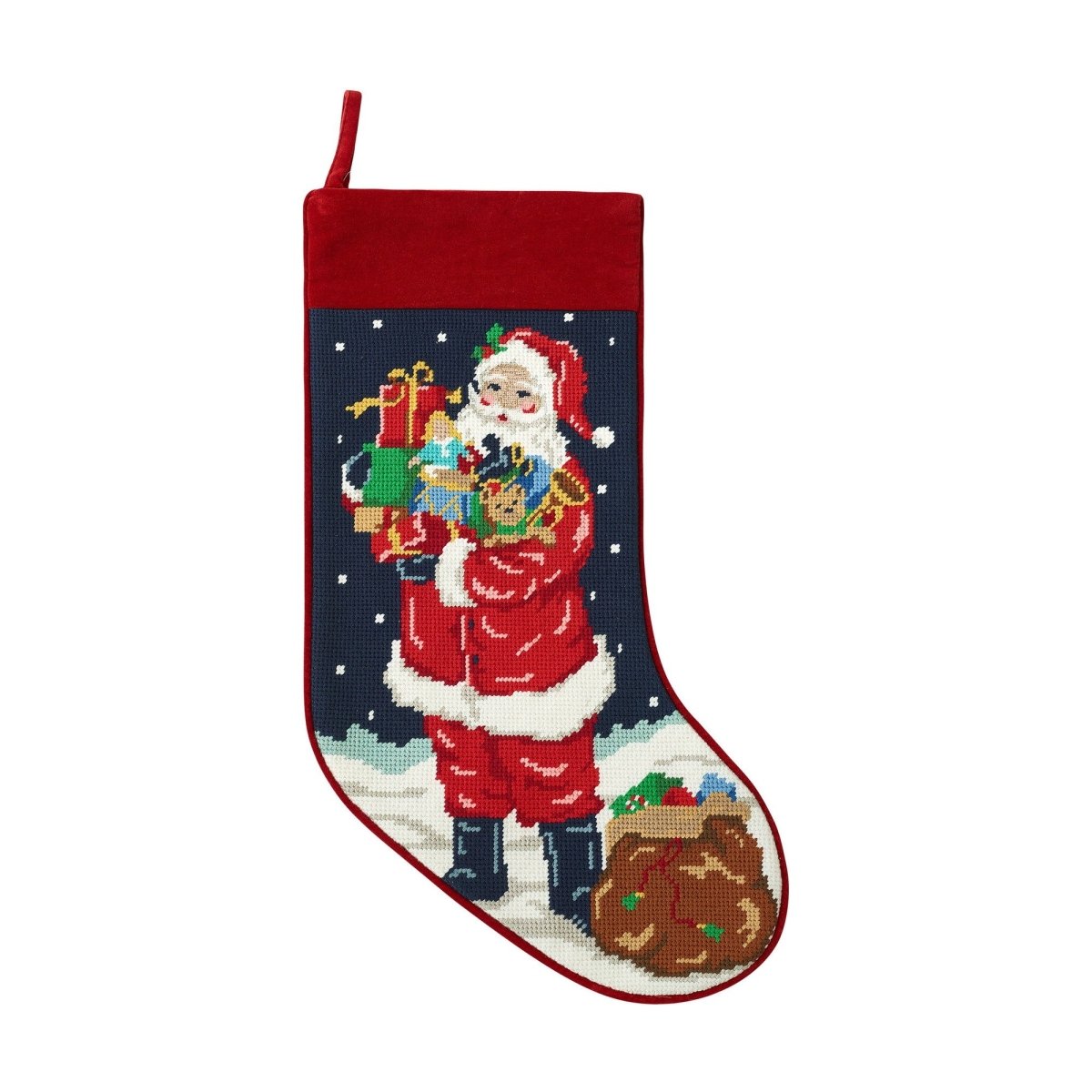 Santa with Toys Embroidered Needlepoint Christmas Stocking, 11x18 inch, front view