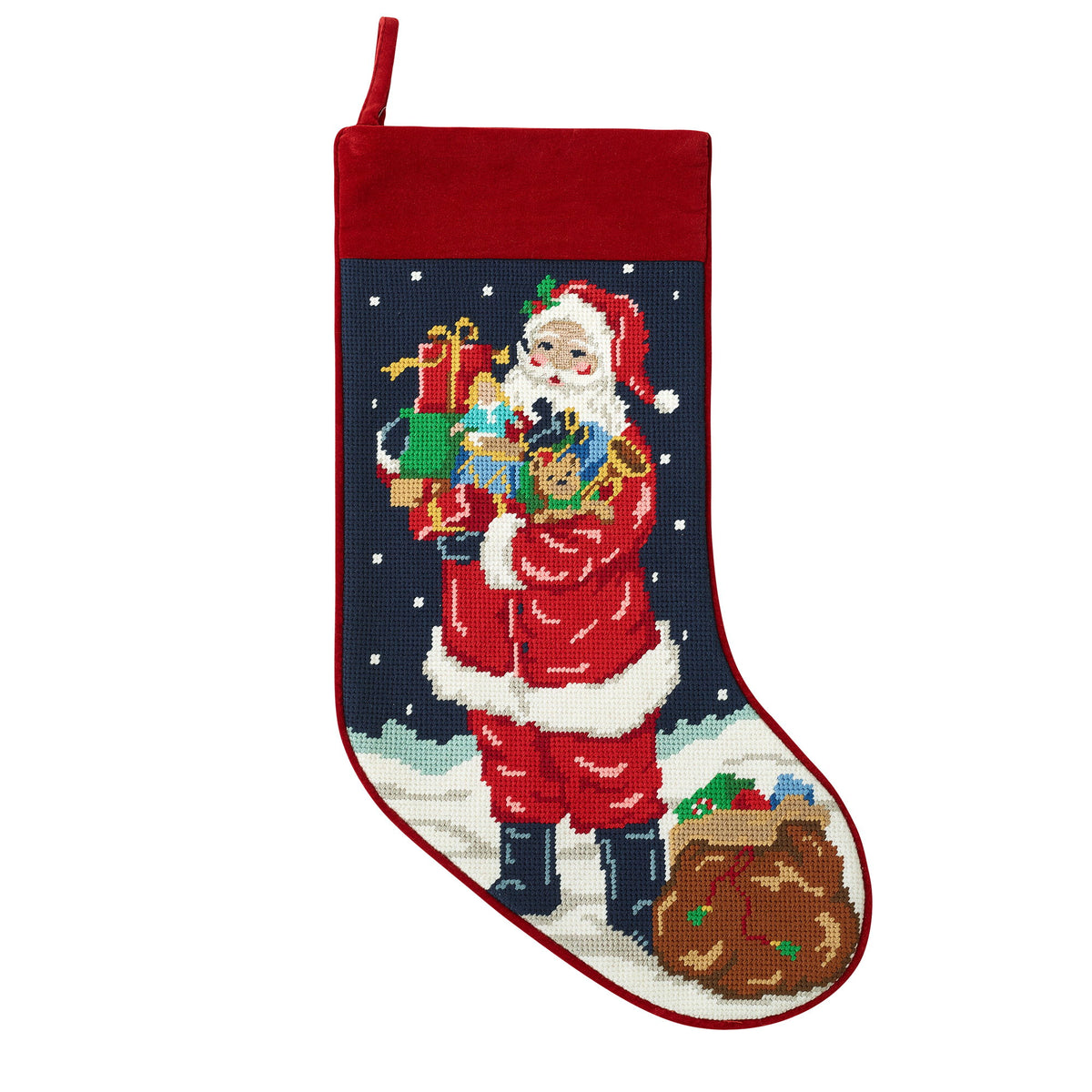 Santa with Toys Embroidered Needlepoint Christmas Stocking, 11x18 inch, front view
