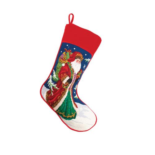 Santa Wool Needlepoint Christmas Stocking, 11x18 inch, front view
