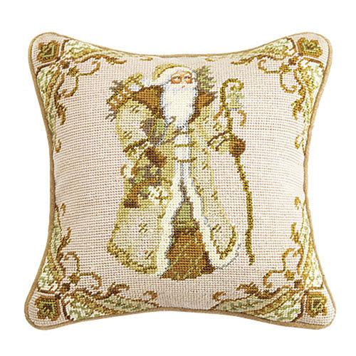 Santa Wool Needlepoint Christmas Throw Pillow, 12x12 inch, front view