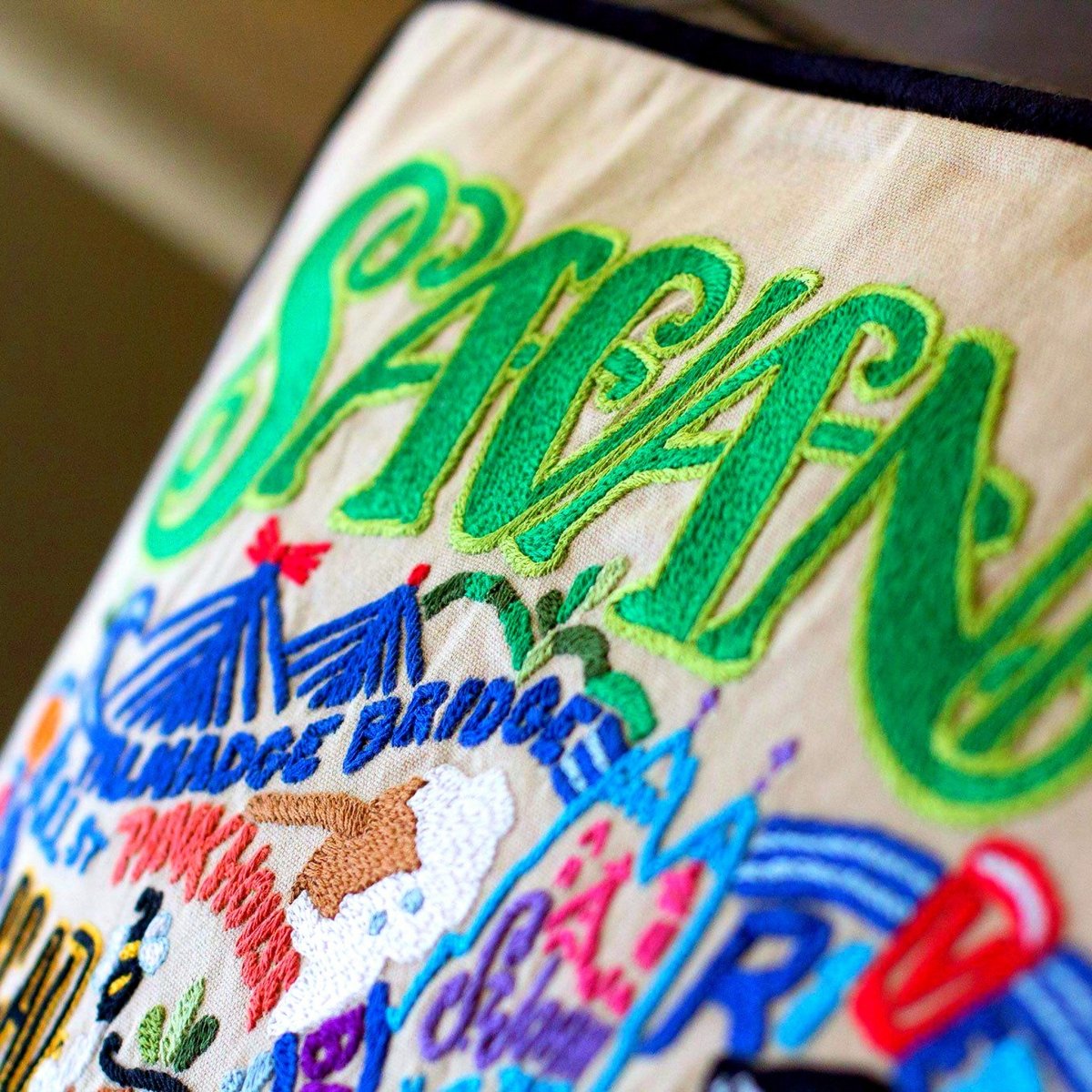 Savannah, GA Garden City Embroidered Travel Pillow - close-up detail of hand-embroidered needlepoint stitching