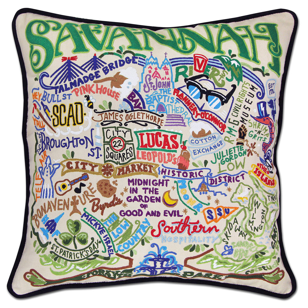 Savannah, GA Garden City embroidered throw pillow with historic gardens.