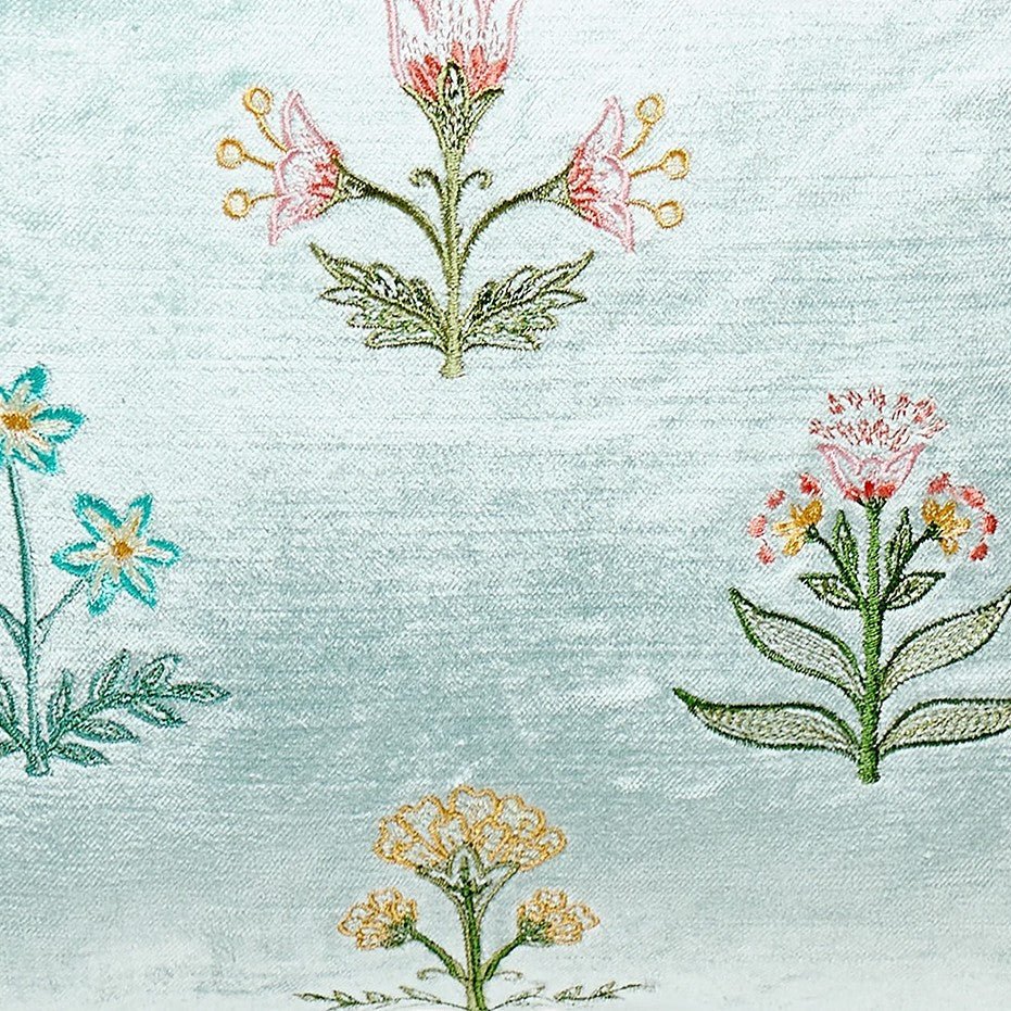Scattered Sprigs Blue Spring Mughal Embroidered Throw Pillow, close-up detail