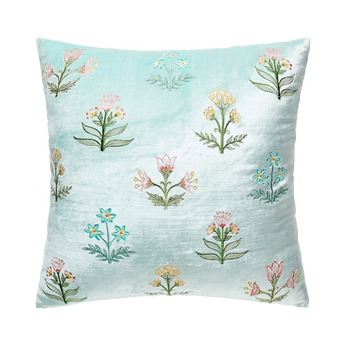 Scattered Sprigs Blue Spring Mughal Embroidered Throw Pillow, 16x16 inch, front view