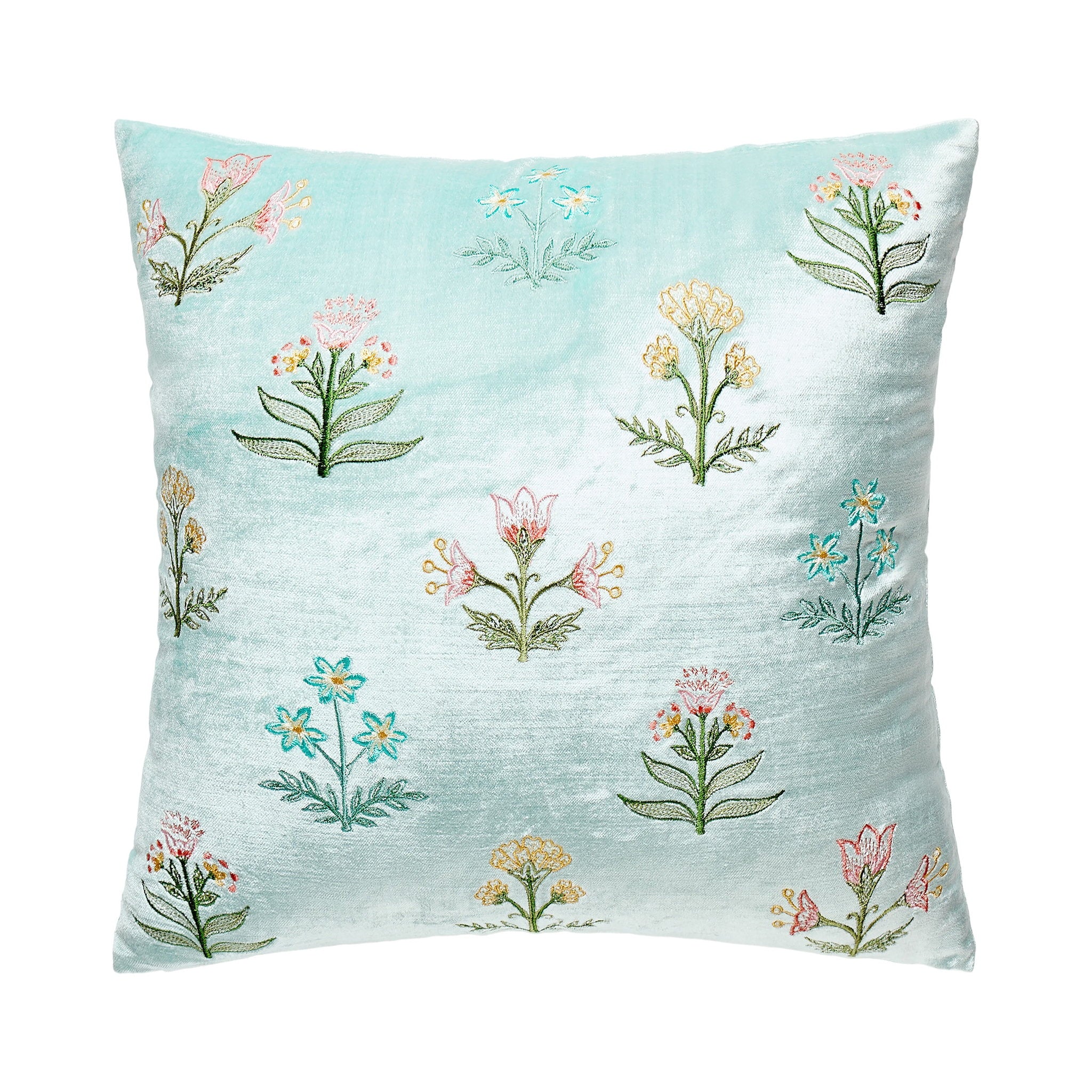 Scattered Sprigs Blue Spring Mughal Embroidered Throw Pillow, 16x16 inch, front view