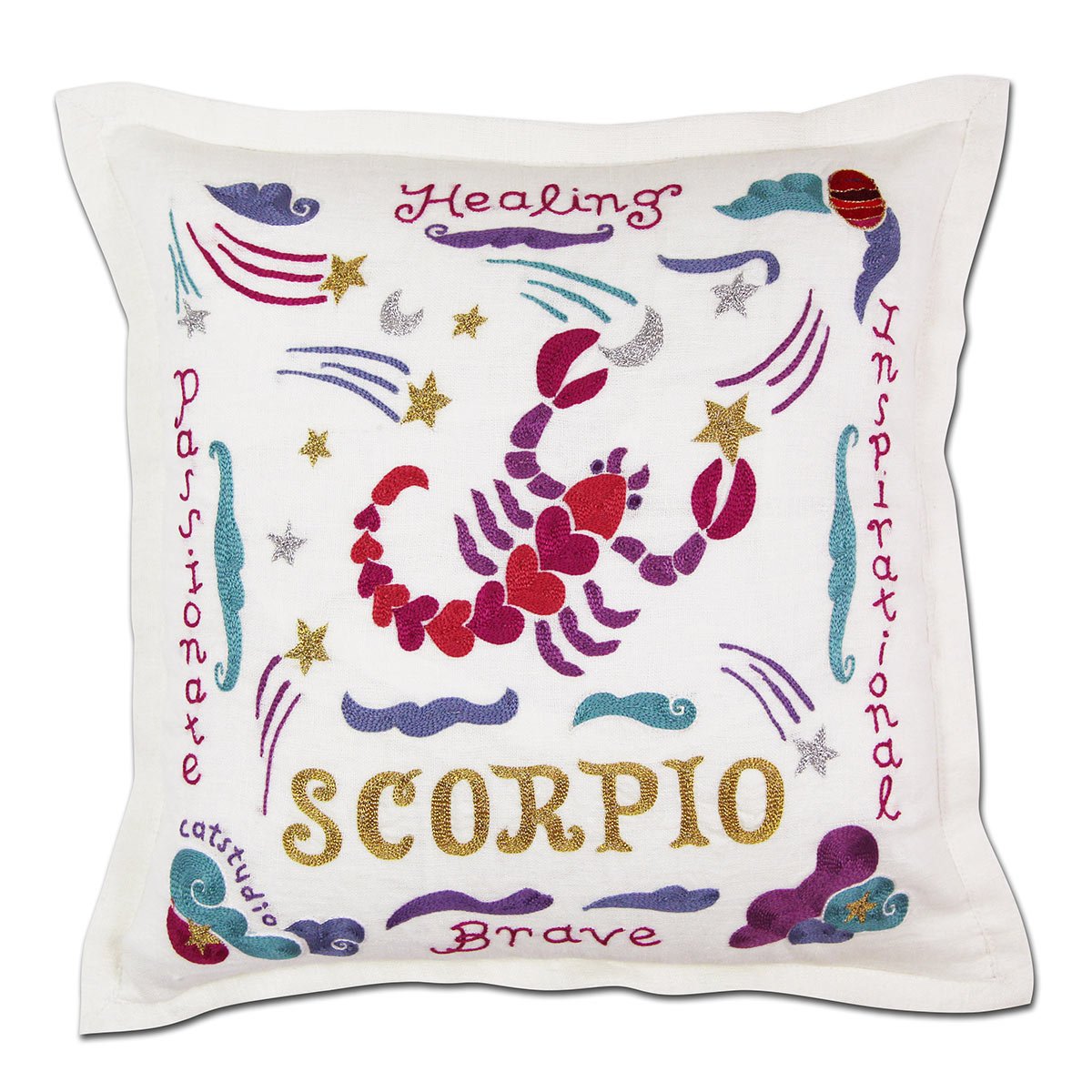 Scorpio Astrology Zodiac hand-embroidered throw pillow showcasing iconic landmarks