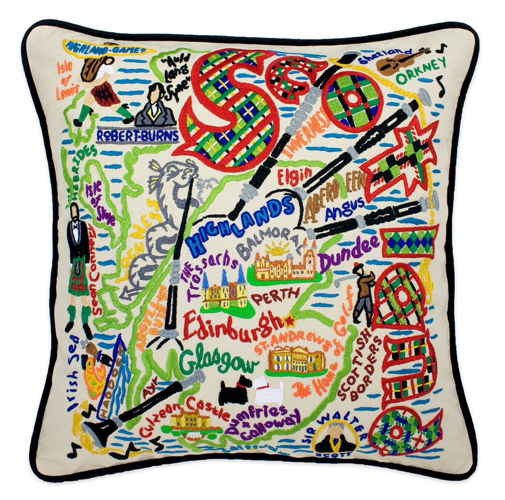 Scottish Highlands Scotland Historic embroidered throw pillow with scenic views.