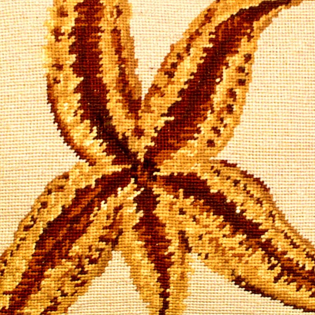 Closeup of Sea Star Nautical Beach Coastal needlepoint throw pillow highlighting hand-stitched wool craftsmanship and fabric detail