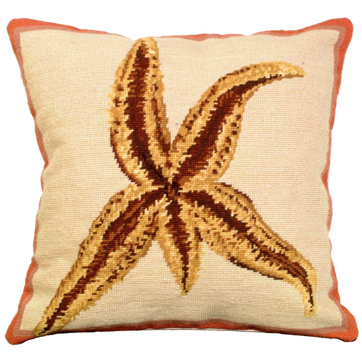 Sea Star Beach needlepoint throw pillow with nautical coastal motifs