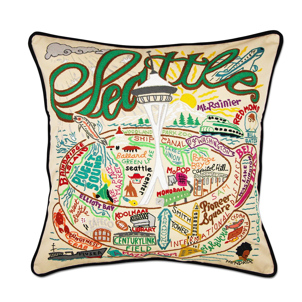 Seattle, WA Emerald City hand-embroidered throw pillow showcasing iconic landmarks