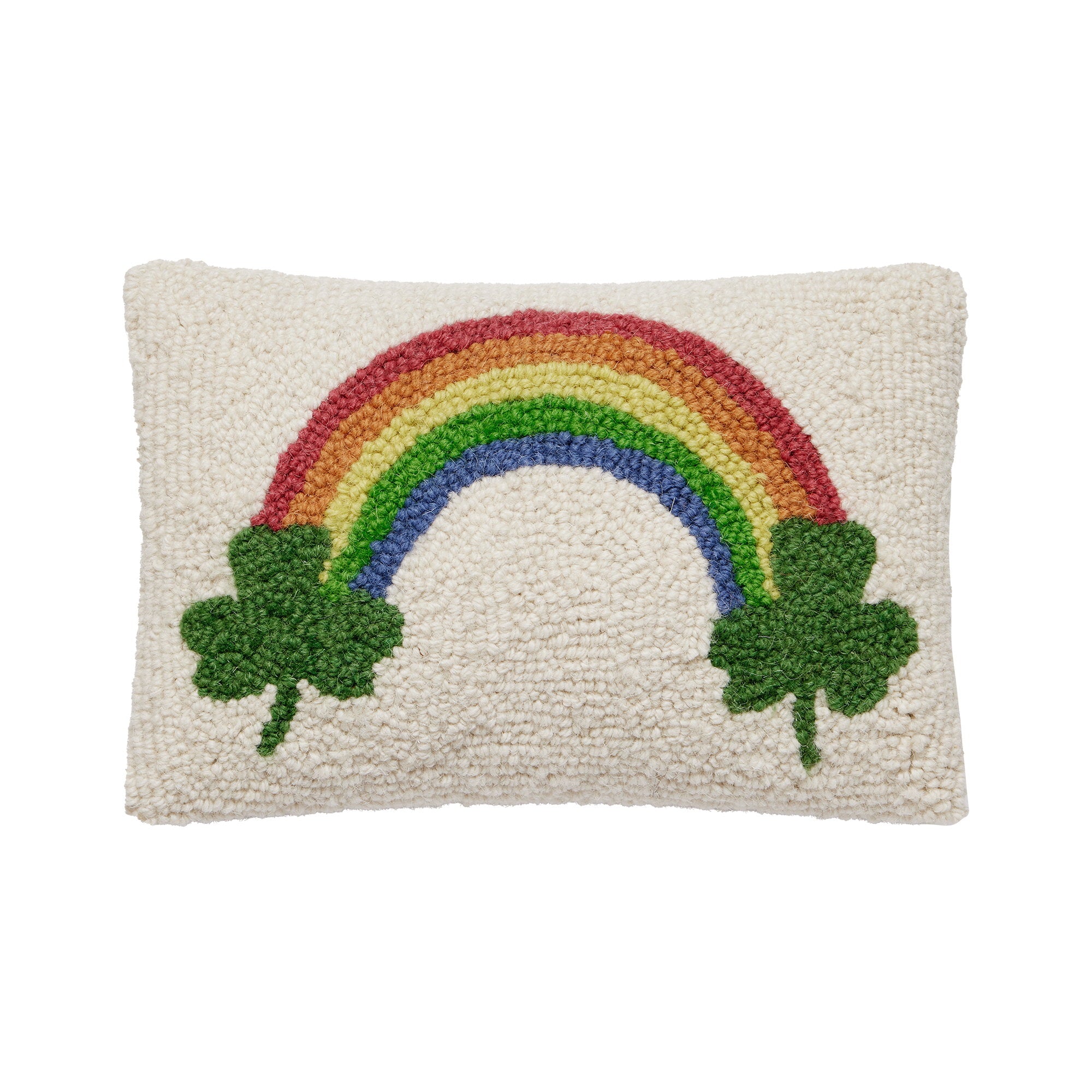 Shamrock Rainbow Hooked Wool St. Patrick's Day Throw Pillow, 8x12 inch, front view