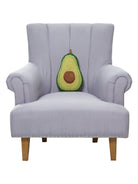Shaped Avocado Hooked Wool Throw Pillow on an armchair, showing the throw pillow at room scale, 8x12 inch