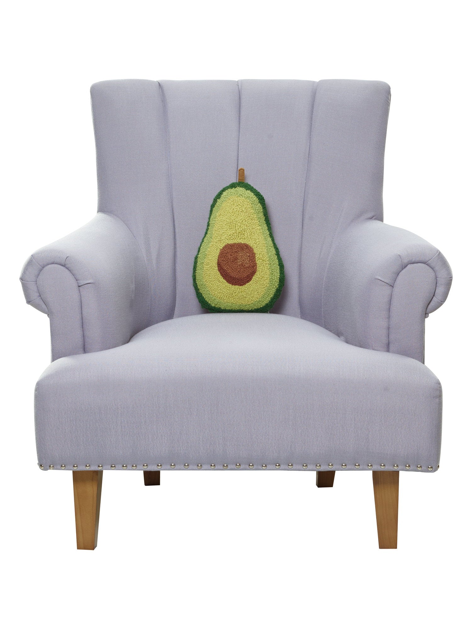 Shaped Avocado Hooked Wool Throw Pillow on an armchair, showing the throw pillow at room scale, 8x12 inch