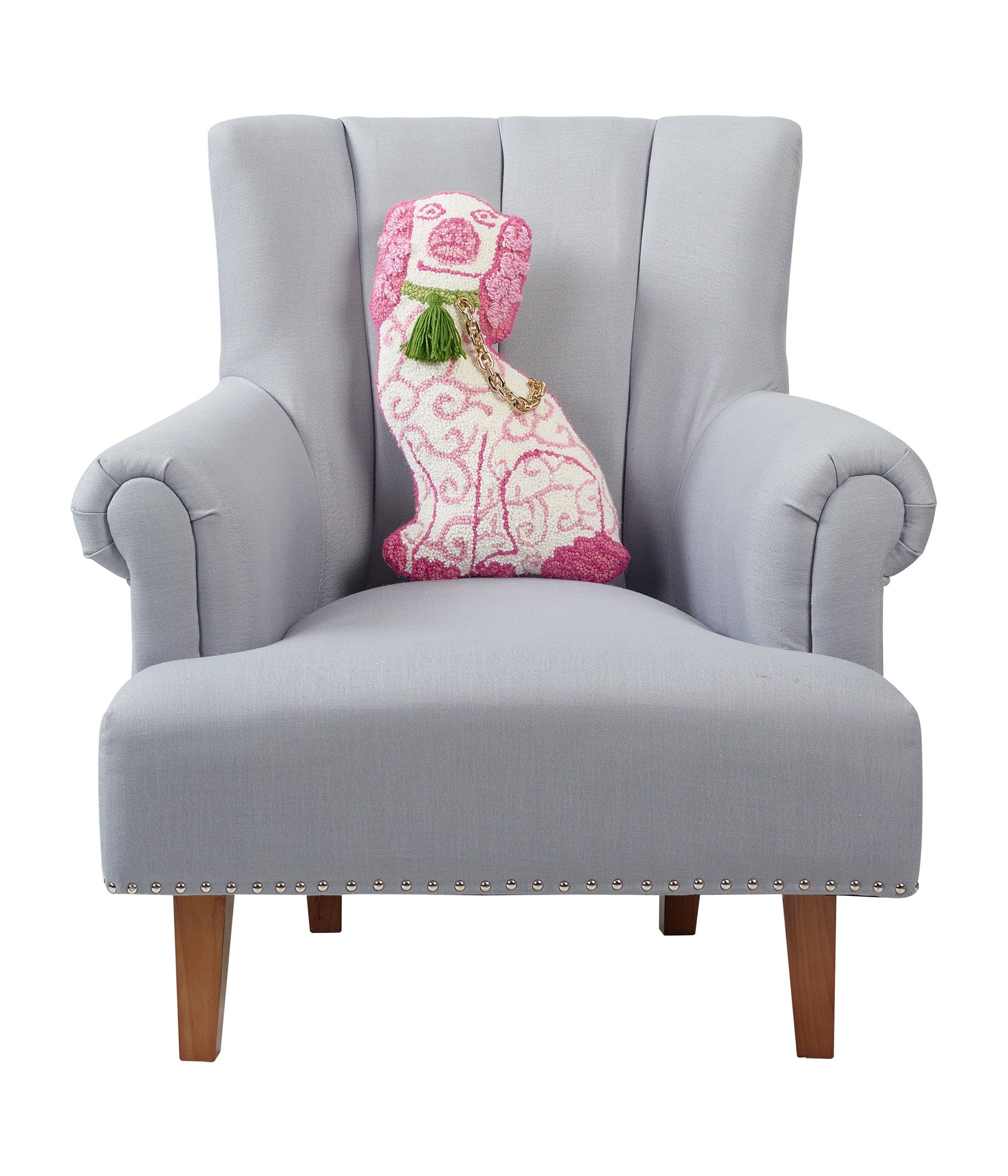 Shaped Chinoiserie Dog Hooked Wool Throw Pillow on an armchair, showing the throw pillow at room scale, 12x18 inch