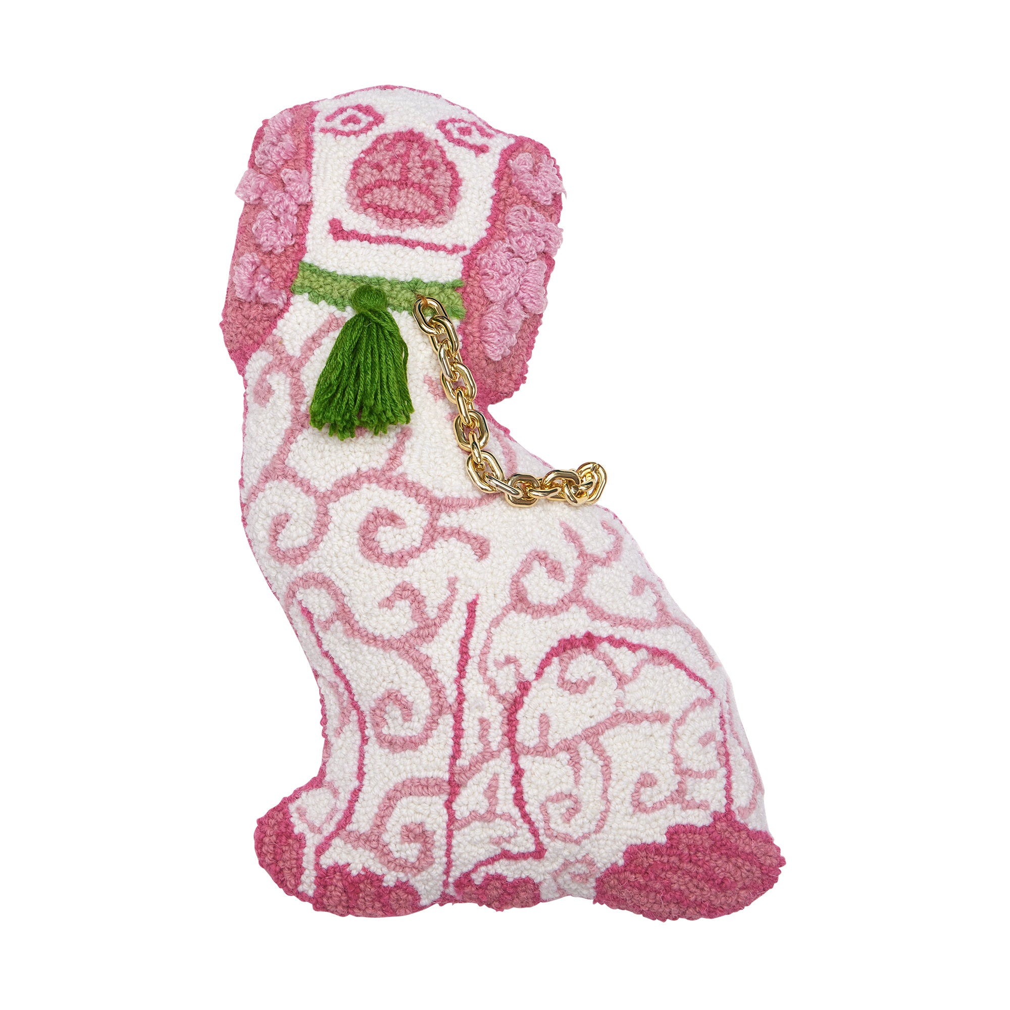 Shaped Chinoiserie Dog Hooked Wool Throw Pillow, 12x18 inch, front view