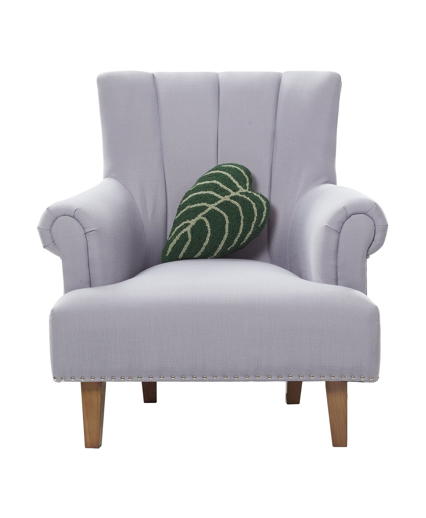 Shaped Elephant Ear Leaf Hooked Wool Throw Pillow on an armchair, showing the throw pillow at room scale, 9x16 inch
