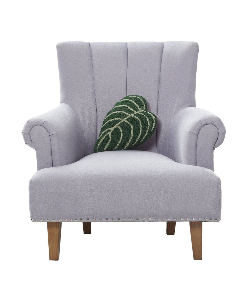 Shaped Elephant Ear Leaf Hooked Wool Throw Pillow on an armchair, showing the throw pillow at room scale, 9x16 inch