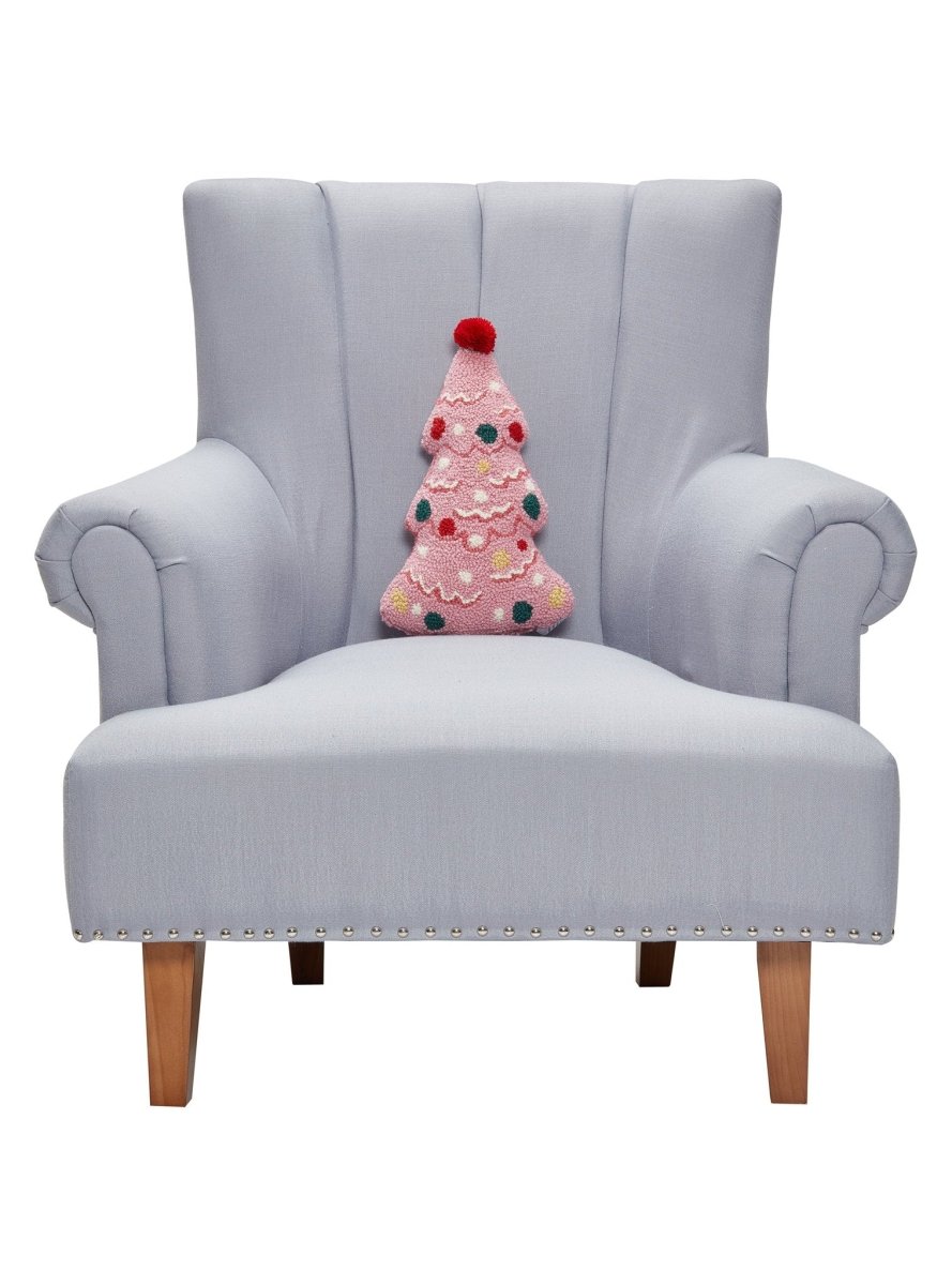 Shaped Holiday Tree with Pom Hooked Wool Christmas Throw Pillow on an armchair, showing the throw pillow at room scale, 9x14 inch