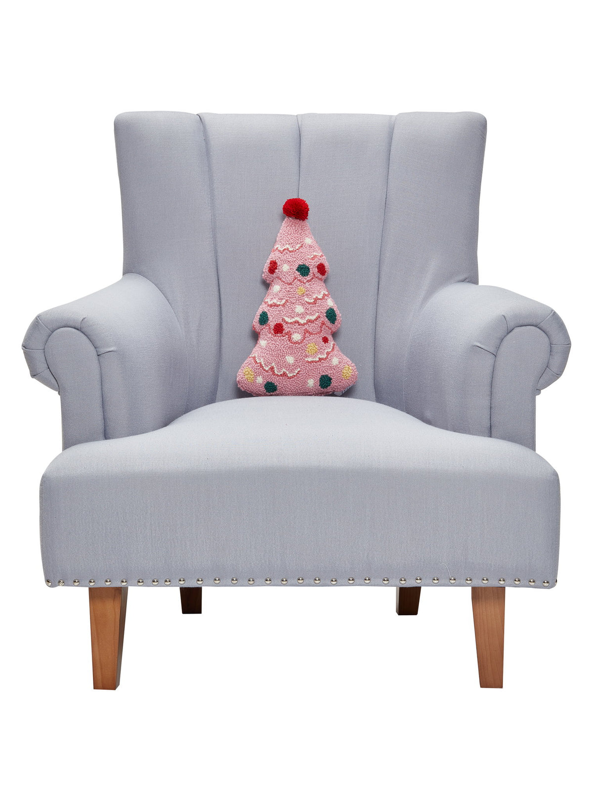 Shaped Holiday Tree with Pom Hooked Wool Christmas Throw Pillow on an armchair, showing the throw pillow at room scale, 9x14 inch