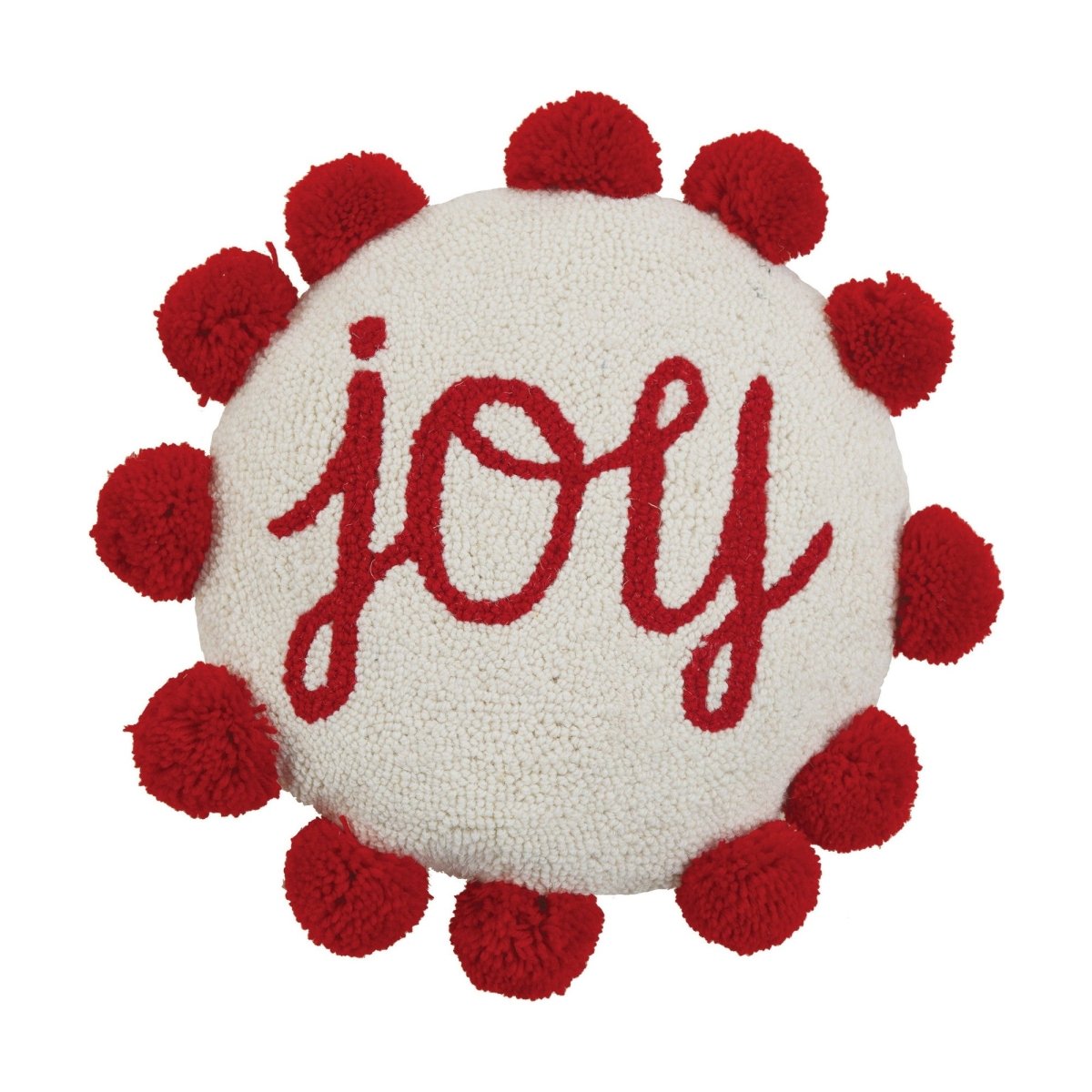 Shaped Joy with Pom Pom Hooked Wool Christmas Throw Pillow, 14x14 inch, front view