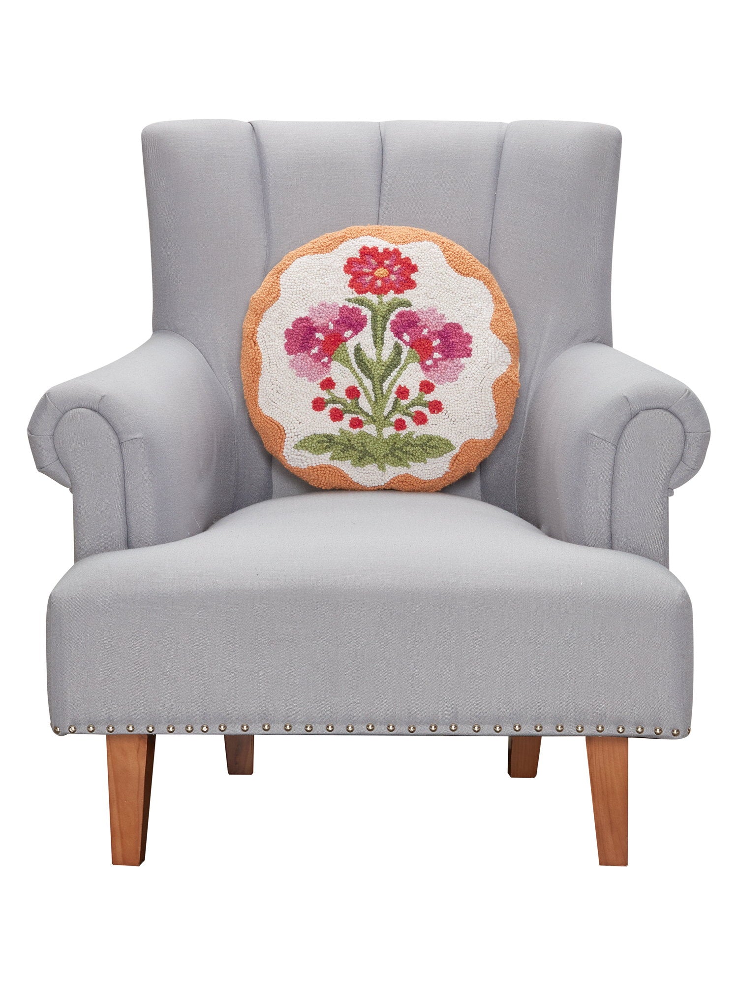 Shaped Mughal Flower Hooked Wool Throw Pillow on an armchair, showing the throw pillow at room scale, 16x16 inch