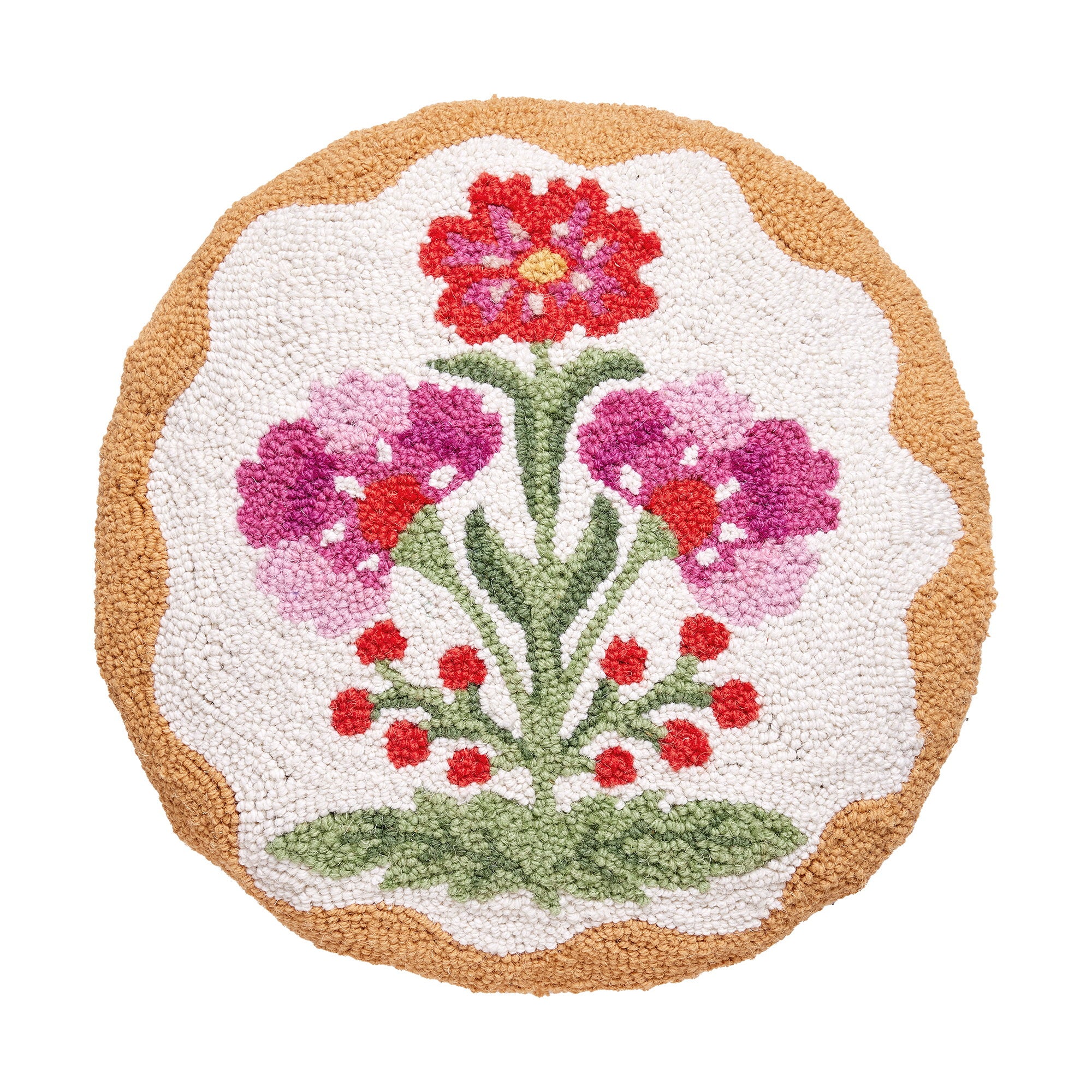 Shaped Mughal Flower Hooked Wool Throw Pillow, 16x16 inch, front view