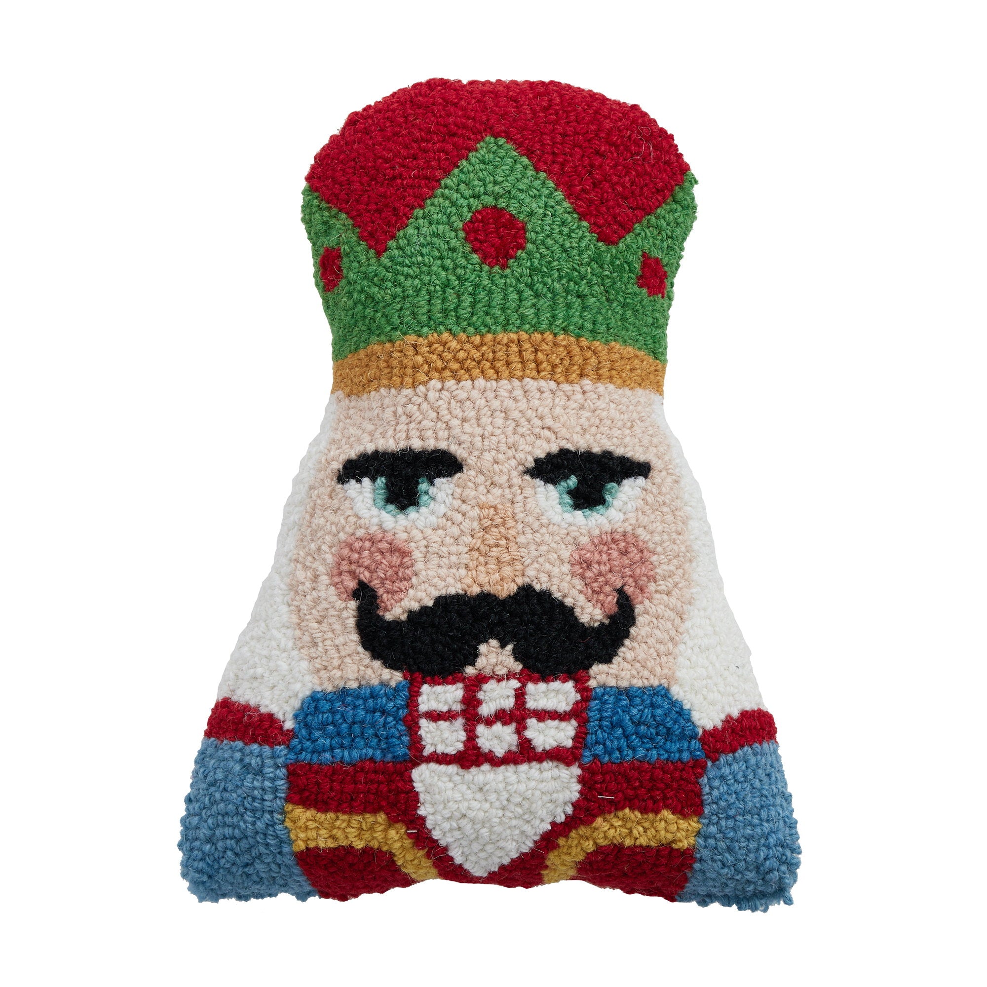 Shaped Nutcracker Hooked Wool Christmas Throw Pillow, 8x12 inch, front view