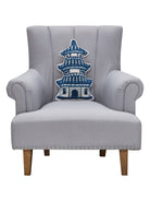 Shaped Pagoda Hooked Wool Throw Pillow on an armchair, showing the throw pillow at room scale, 12x18 inch