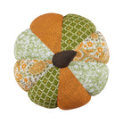 Shaped Patchwork Pumpkin Embroidered Fall Harvest Throw Pillow, 9x9 inch, closer view of the throw pillow