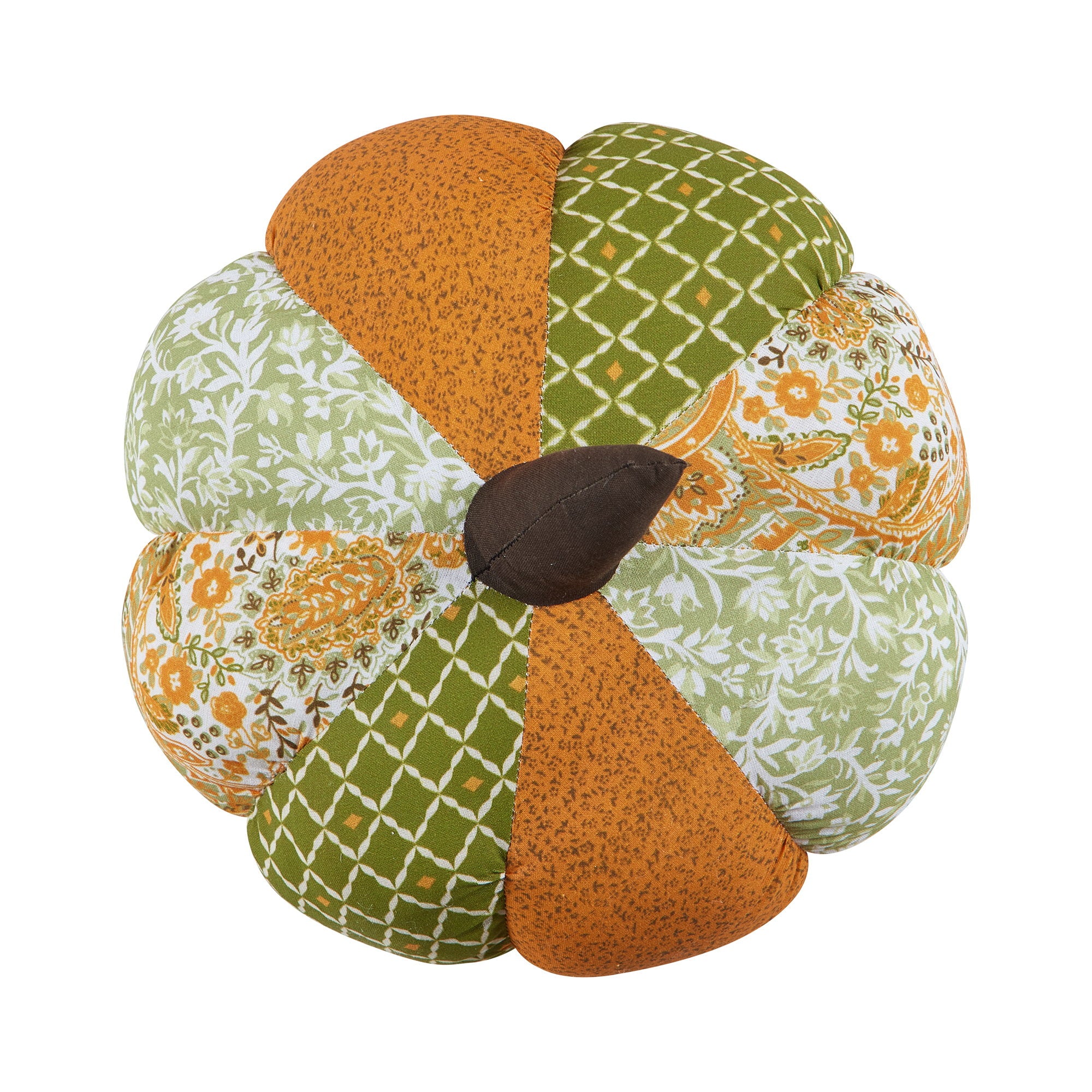 Shaped Patchwork Pumpkin Embroidered Fall Harvest Throw Pillow, 9x9 inch, closer view of the throw pillow
