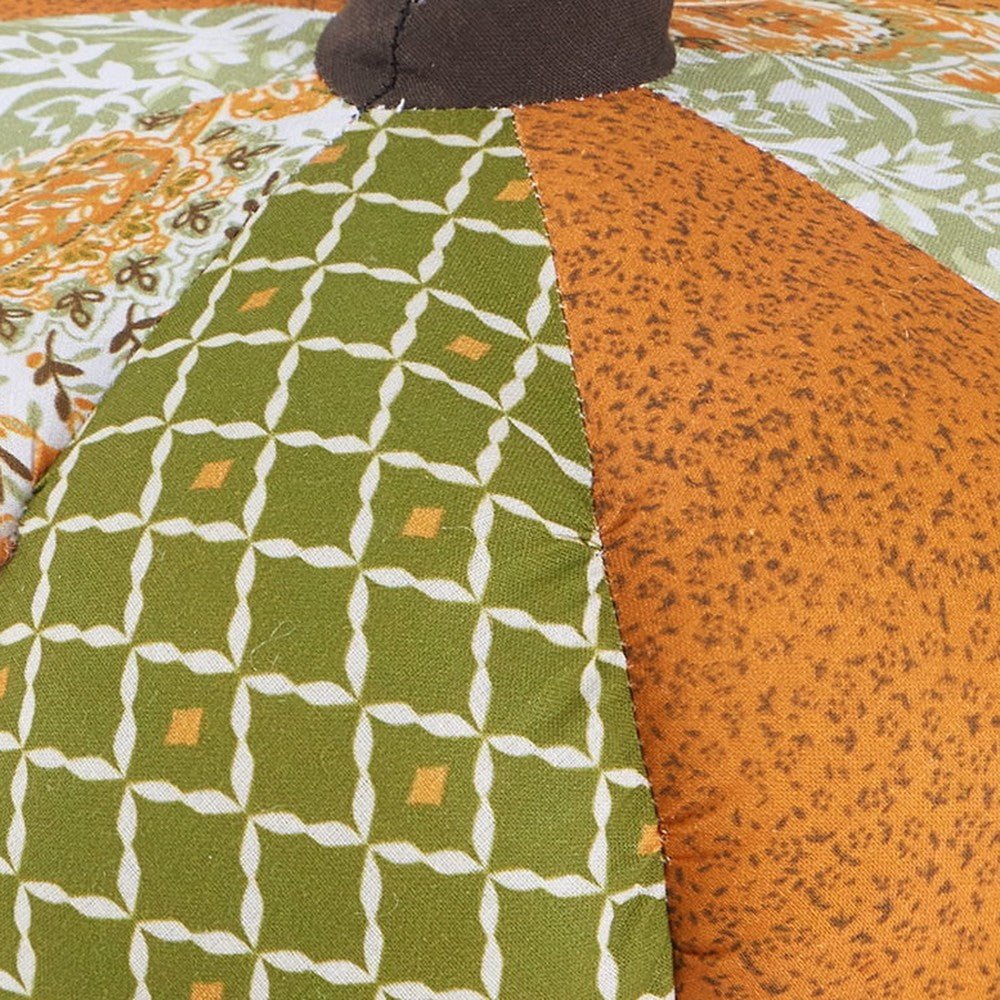 Closeup of Shaped Patchwork Pumpkin Embroidered Fall Harvest Throw Pillow showing stitch texture and craftsmanship detail