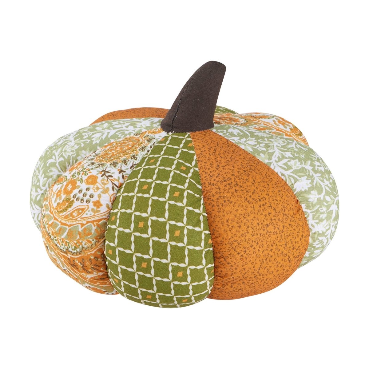 Shaped Patchwork Pumpkin Embroidered Fall Harvest Throw Pillow, 9x9 inch, front view