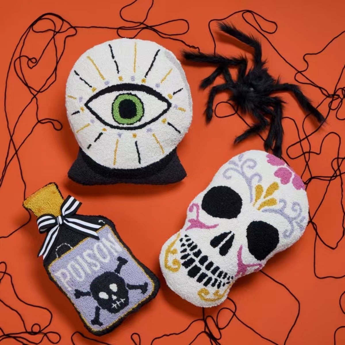 Shaped Poison Bottle Hooked Wool Halloween Throw Pillow shown alongside other designs in the same collection, 9x16 inch