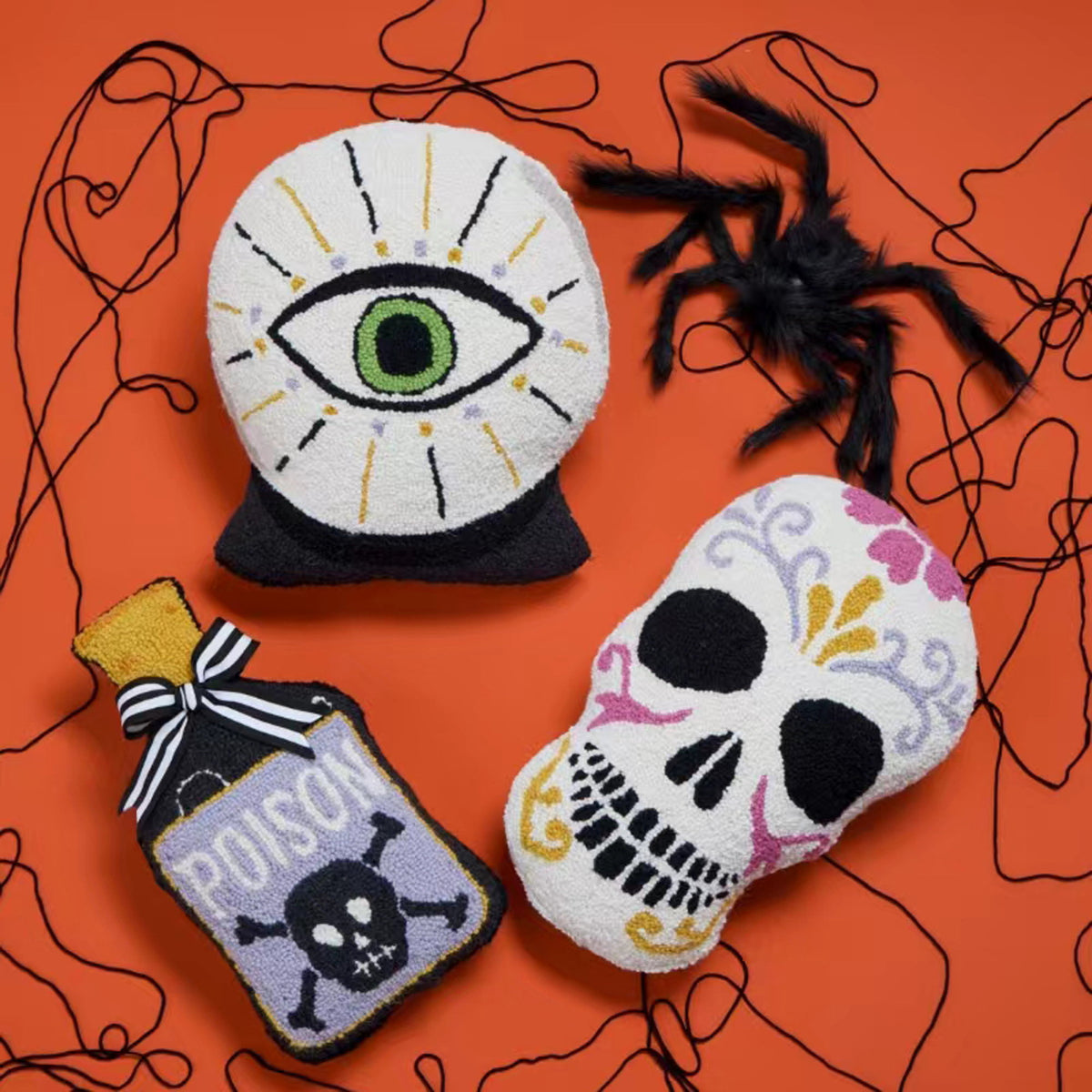 Shaped Poison Bottle Hooked Wool Halloween Throw Pillow shown alongside other designs in the same collection, 9x16 inch
