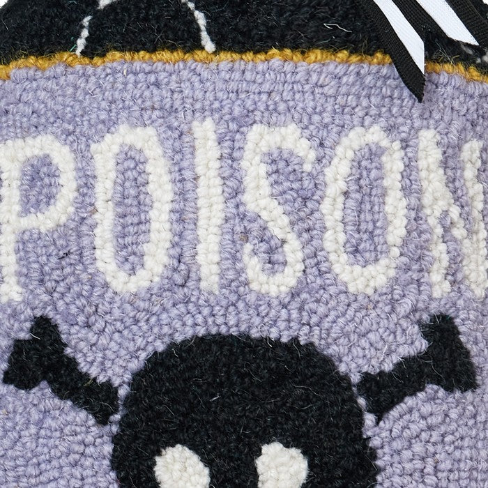 Shaped Poison Bottle Hooked Wool Halloween Throw Pillow, close-up detail