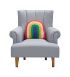 Shaped Rainbow Embroidered Throw Pillow on an armchair, showing the throw pillow at room scale, 16x16 inch